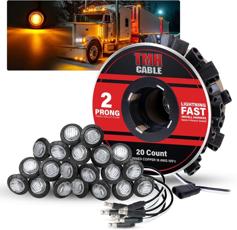 TMH 20 Pcs of 3/4 Inch Side Marker Clear Lens Amber Lights with Connector Plug + 2 Pin Continuous Wire Harness, Plug and Play Hassle-Free Installation for Truck Trailer RV Pickup - Image 1